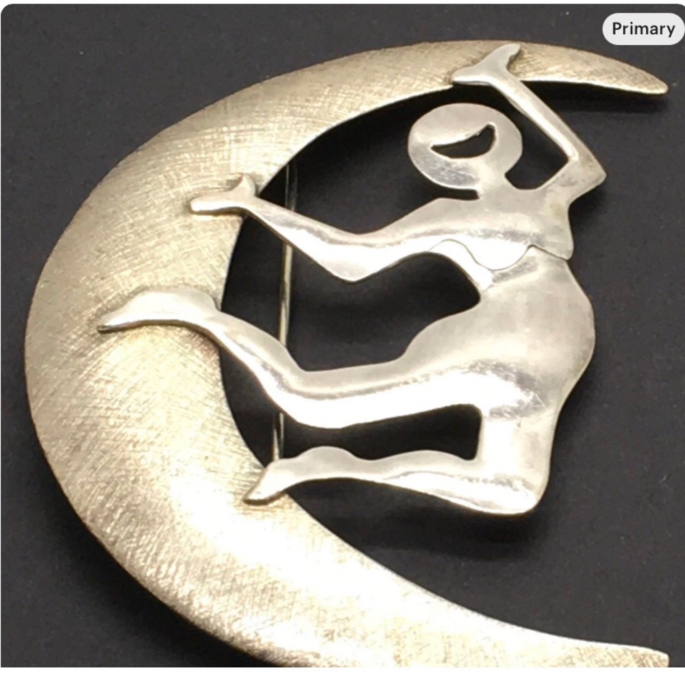 Sterling Silver Woman And Moon Brooch Pin  Fertility Symbol Female Motherhood